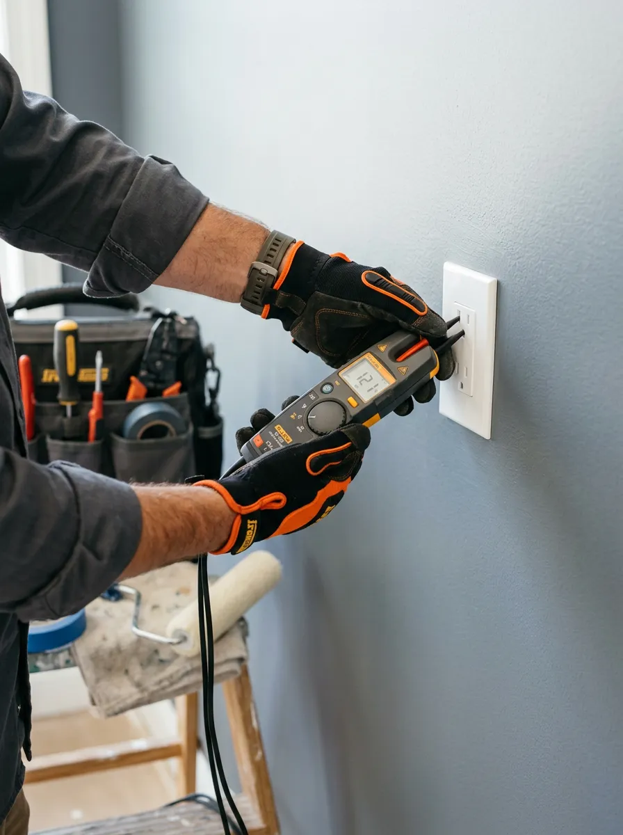 Electrician testing a wall outlet with a digital multimeter